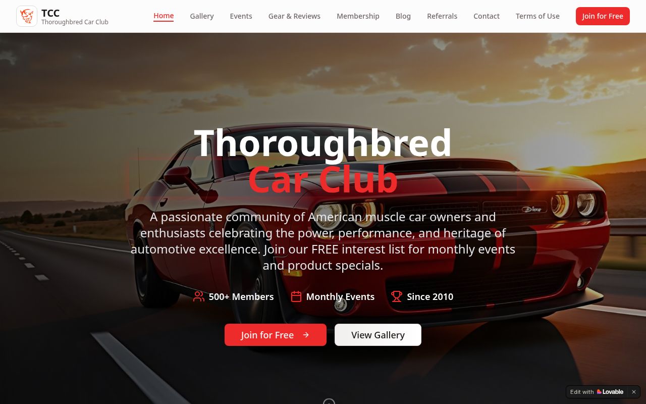 Thoroughbred Car Club website homepage